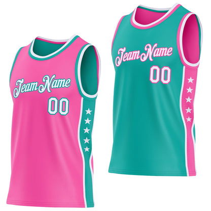 Custom Reversible Pink White-Aqua Double Side Star Sublimation Basketball Set Jersey