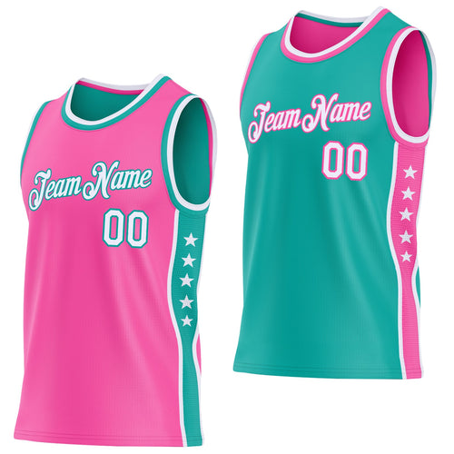 Custom Reversible Pink White-Aqua Double Side Star Sublimation Basketball Set Jersey
