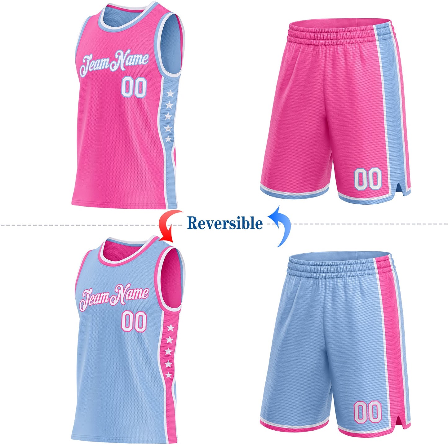 Custom Reversible Pink White-Light Blue Double Side Star Sublimation Basketball Set Jersey
