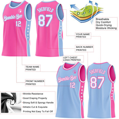 Custom Reversible Pink White-Light Blue Double Side Star Sublimation Basketball Set Jersey