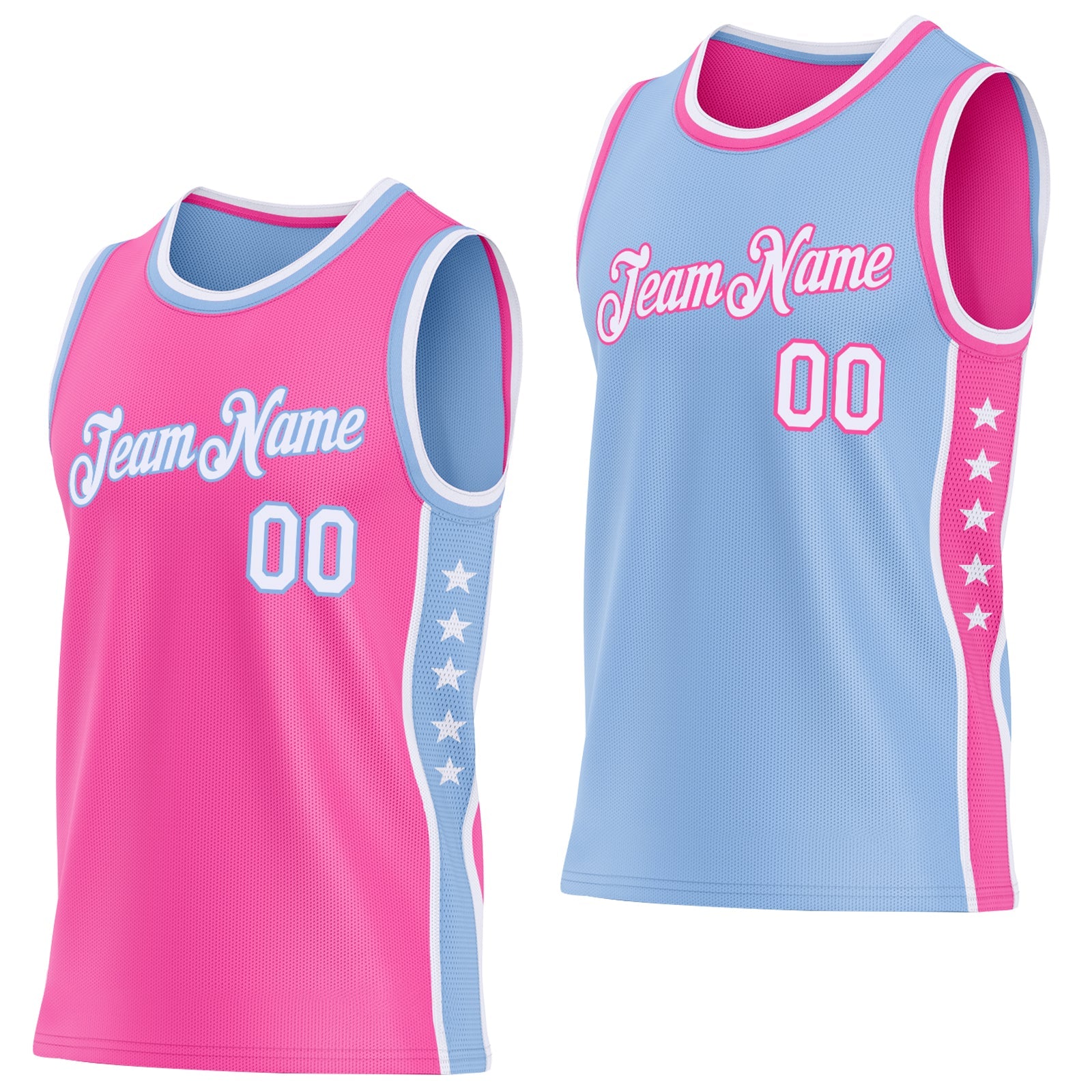 Custom Reversible Pink White-Light Blue Double Side Star Sublimation Basketball Set Jersey