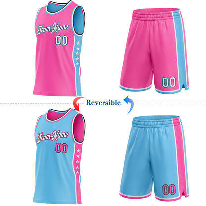Custom Reversible Pink White Sky Blue-Black Double Side Star Sublimation Basketball Set Jersey