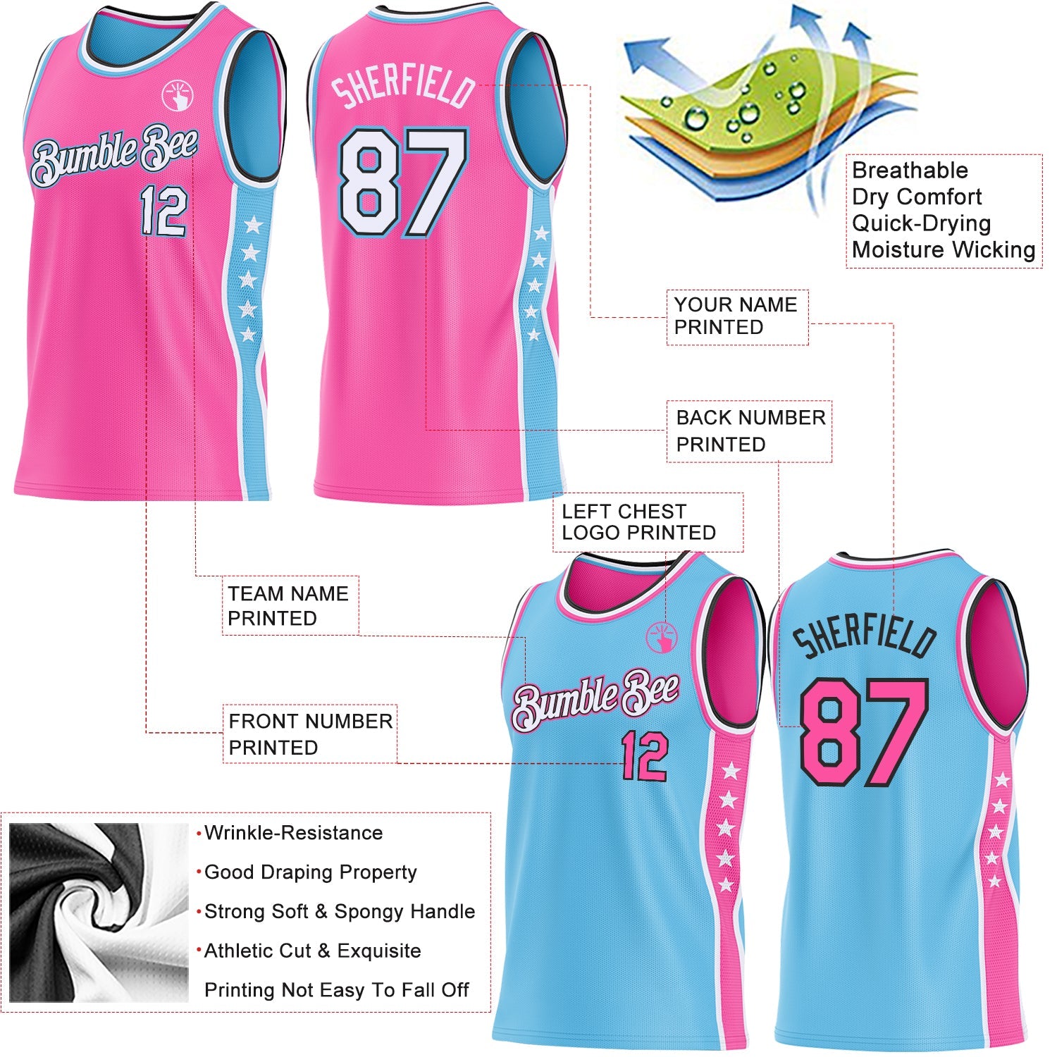 Custom Reversible Pink White Sky Blue-Black Double Side Star Sublimation Basketball Set Jersey