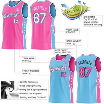 Custom Reversible Pink White Sky Blue-Black Double Side Star Sublimation Basketball Set Jersey