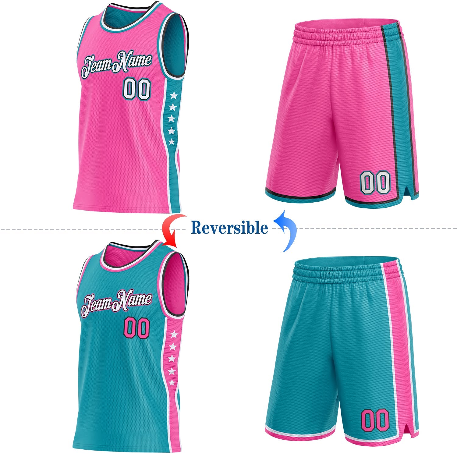Custom Reversible Pink White Teal-Black Double Side Star Sublimation Basketball Set Jersey