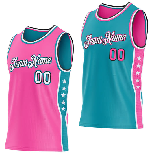 Custom Reversible Pink White Teal-Black Double Side Star Sublimation Basketball Set Jersey