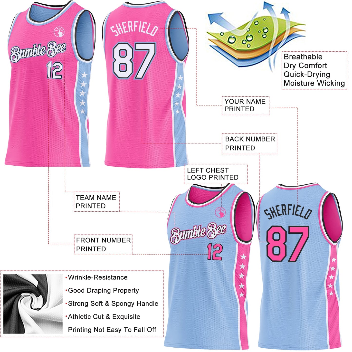 Custom Reversible Pink White Light Blue-Black Double Side Star Sublimation Basketball Set Jersey