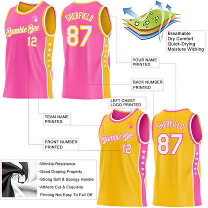 Custom Reversible Pink White-Gold Double Side Star Sublimation Basketball Set Jersey