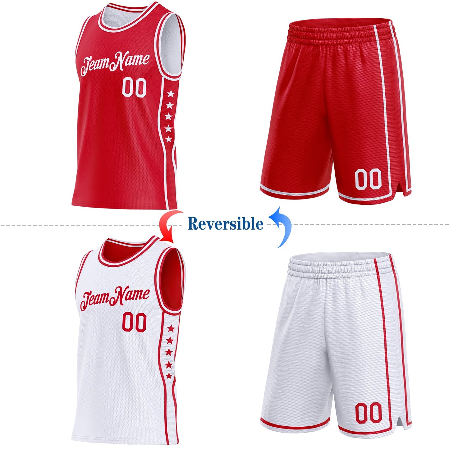 Custom Reversible Red White Double Side Star Sublimation Basketball Set Jersey