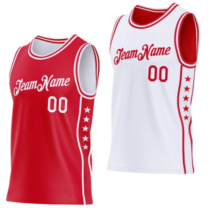 Custom Reversible Red White Double Side Star Sublimation Basketball Set Jersey