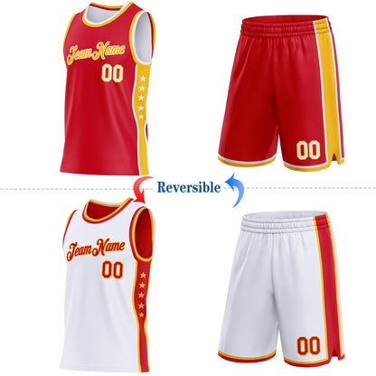 Custom Reversible Red White-Gold Double Side Star Sublimation Basketball Set Jersey