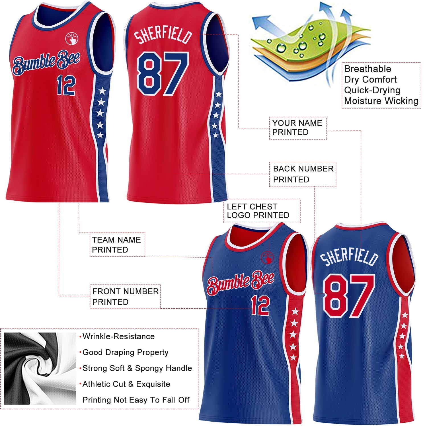 Custom Reversible Red Royal-White Double Side Star Sublimation Basketball Set Jersey