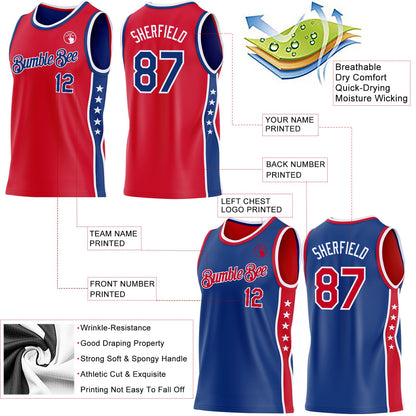 Custom Reversible Red Royal-White Double Side Star Sublimation Basketball Set Jersey