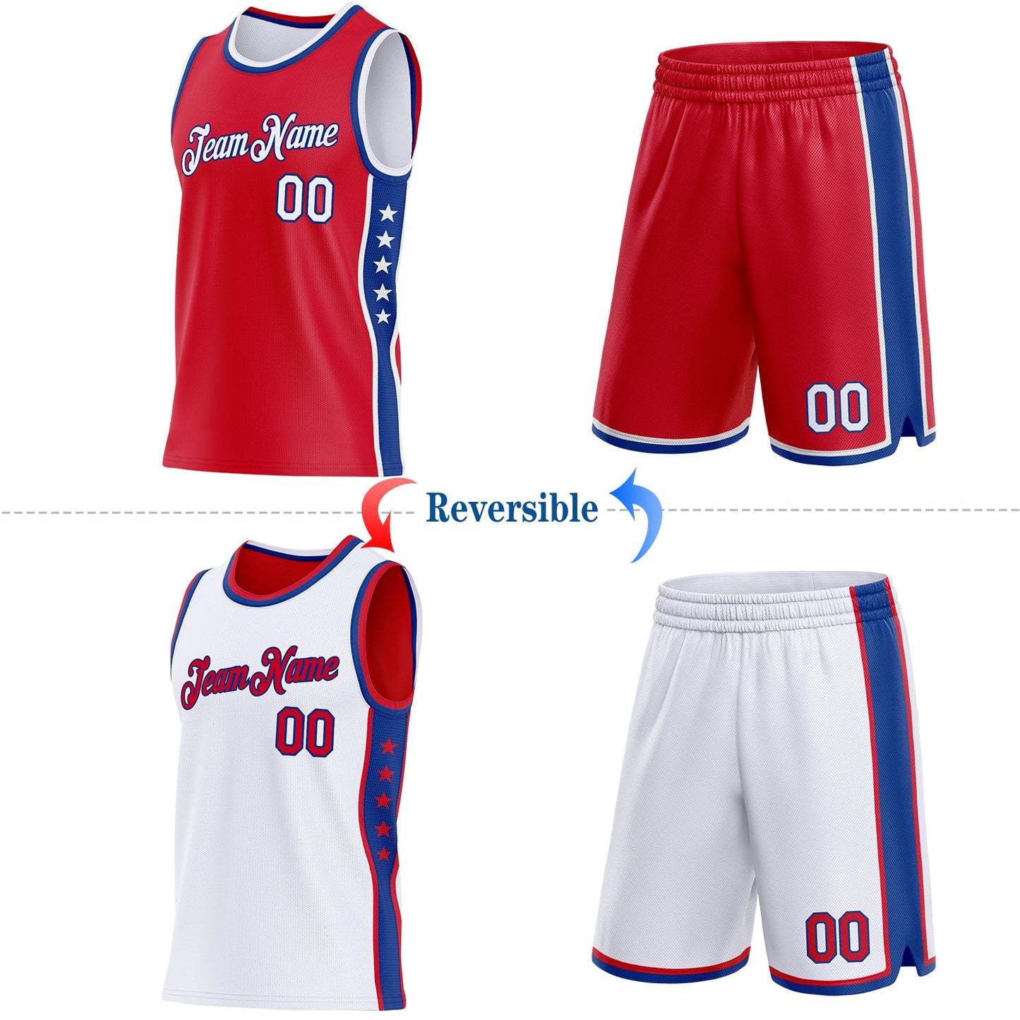Custom Reversible Red White-Royal Double Side Star Sublimation Basketball Set Jersey
