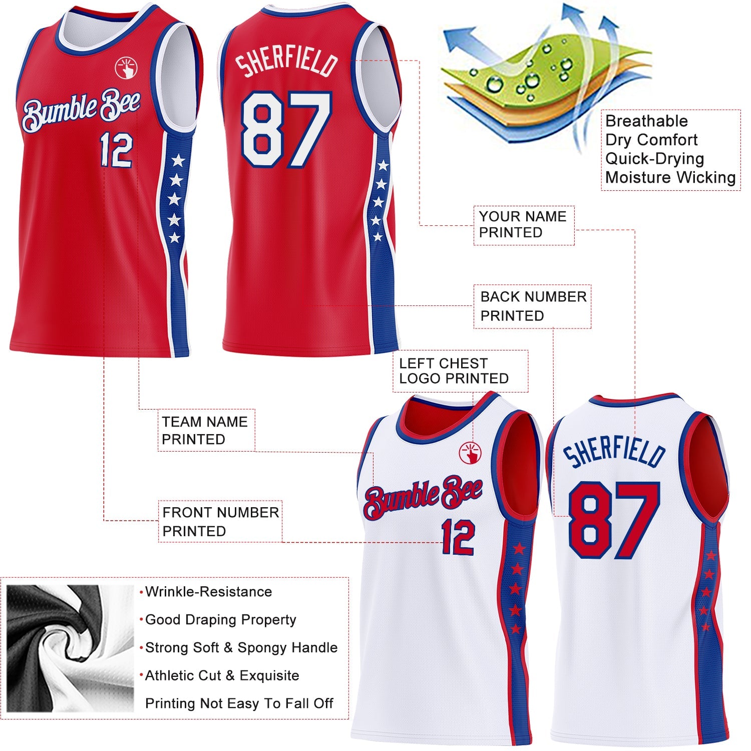 Custom Reversible Red White-Royal Double Side Star Sublimation Basketball Set Jersey