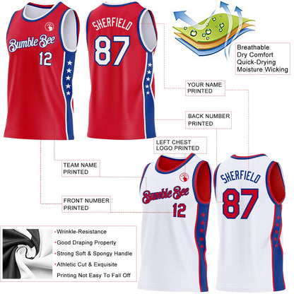 Custom Reversible Red White-Royal Double Side Star Sublimation Basketball Set Jersey