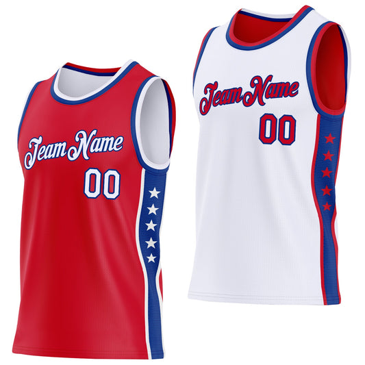 Custom Reversible Red White-Royal Double Side Star Sublimation Basketball Set Jersey