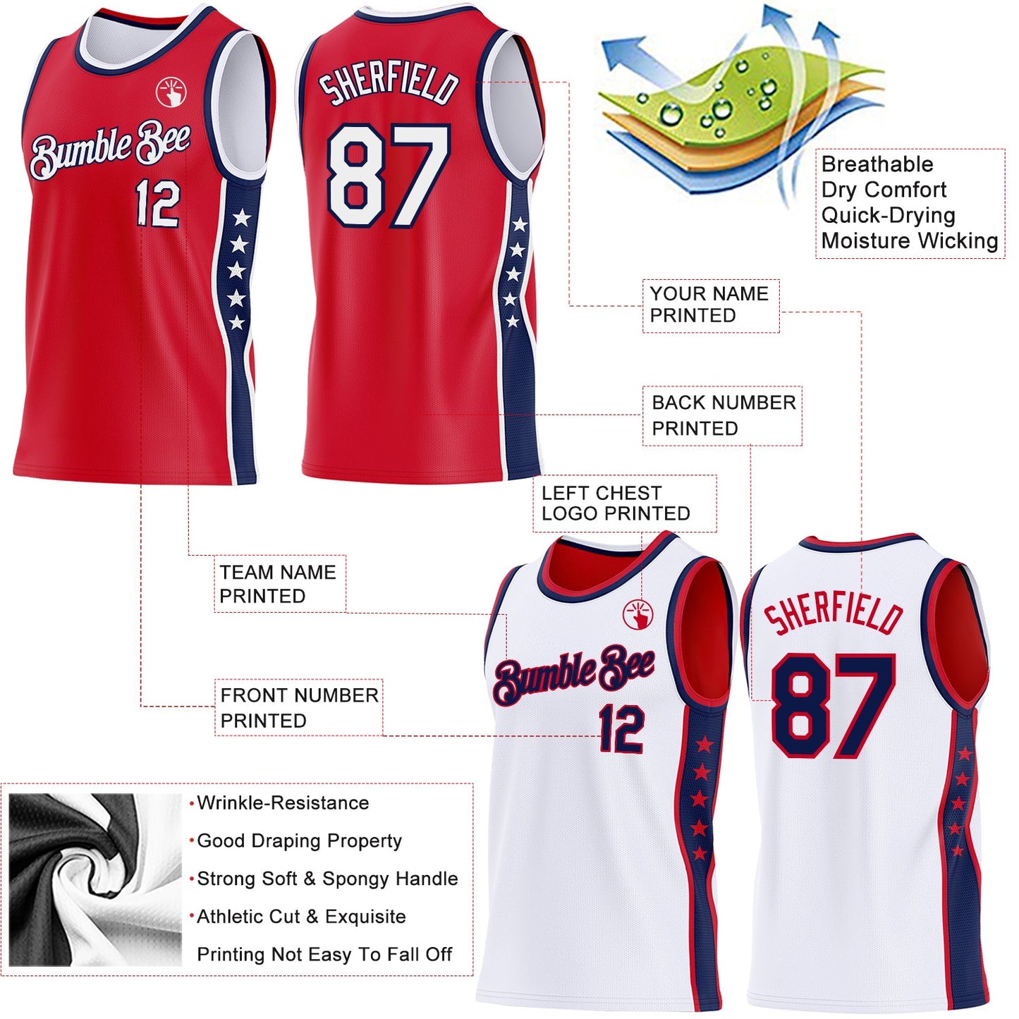 Custom Reversible Red White-Navy Double Side Star Sublimation Basketball Set Jersey