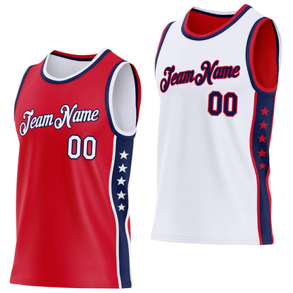 Custom Reversible Red White-Navy Double Side Star Sublimation Basketball Set Jersey