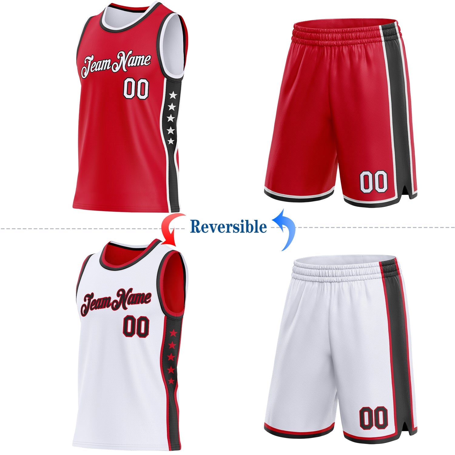 Custom Reversible Red White-Black Double Side Star Sublimation Basketball Set Jersey