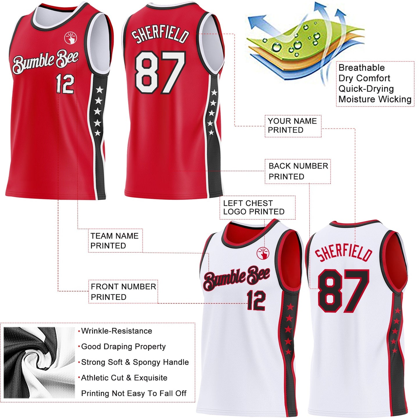 Custom Reversible Red White-Black Double Side Star Sublimation Basketball Set Jersey