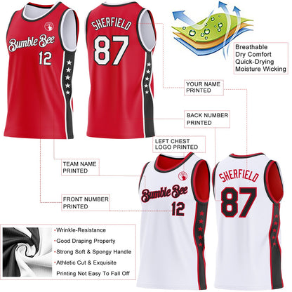 Custom Reversible Red White-Black Double Side Star Sublimation Basketball Set Jersey