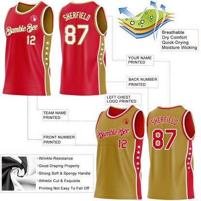 Custom Reversible Red White-Old Gold Double Side Star Sublimation Basketball Set Jersey