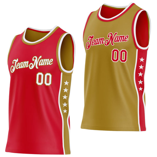 Custom Reversible Red White-Old Gold Double Side Star Sublimation Basketball Set Jersey