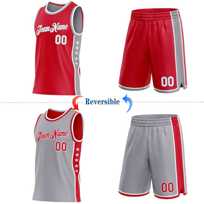 Custom Reversible Red White-Gray Double Side Star Sublimation Basketball Set Jersey