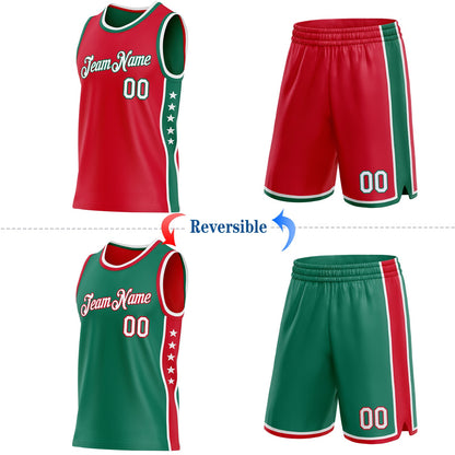 Custom Reversible Red White-Kelly Green Double Side Star Sublimation Basketball Set Jersey