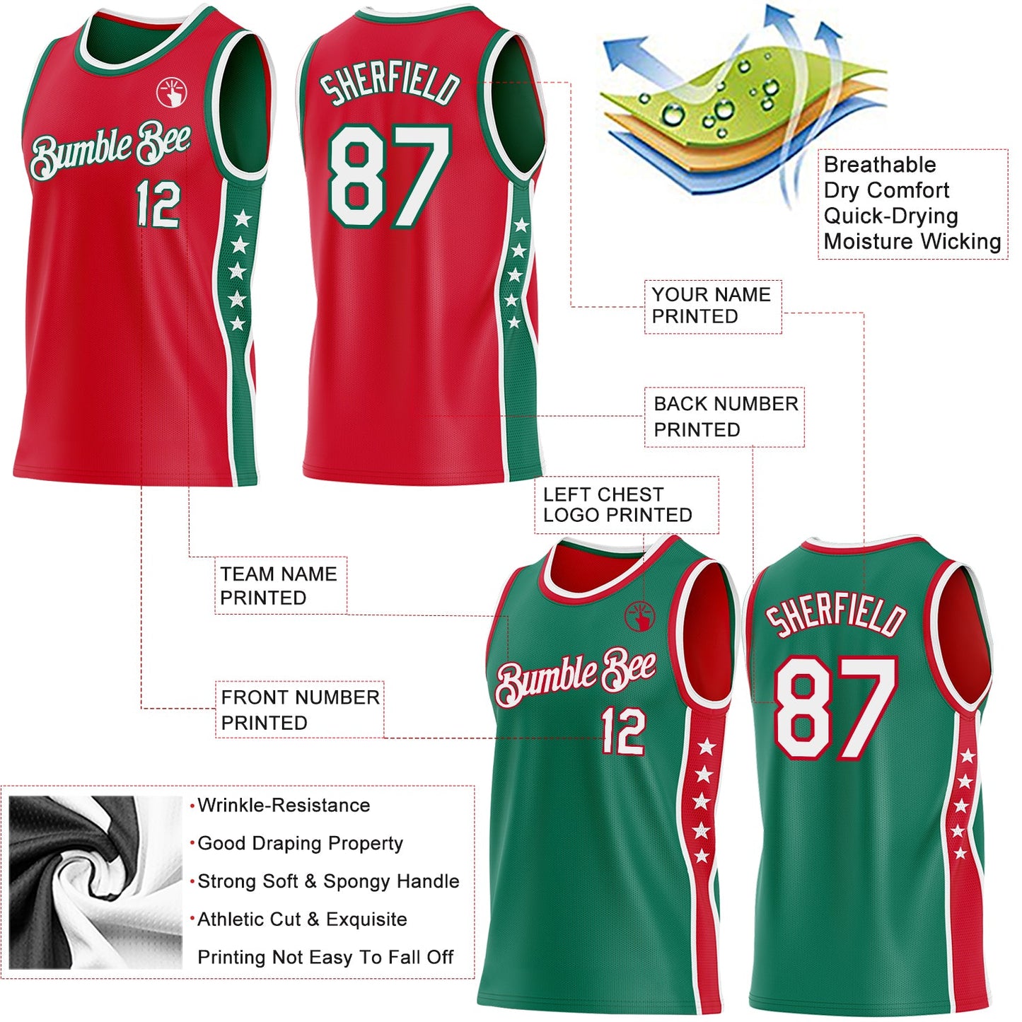 Custom Reversible Red White-Kelly Green Double Side Star Sublimation Basketball Set Jersey