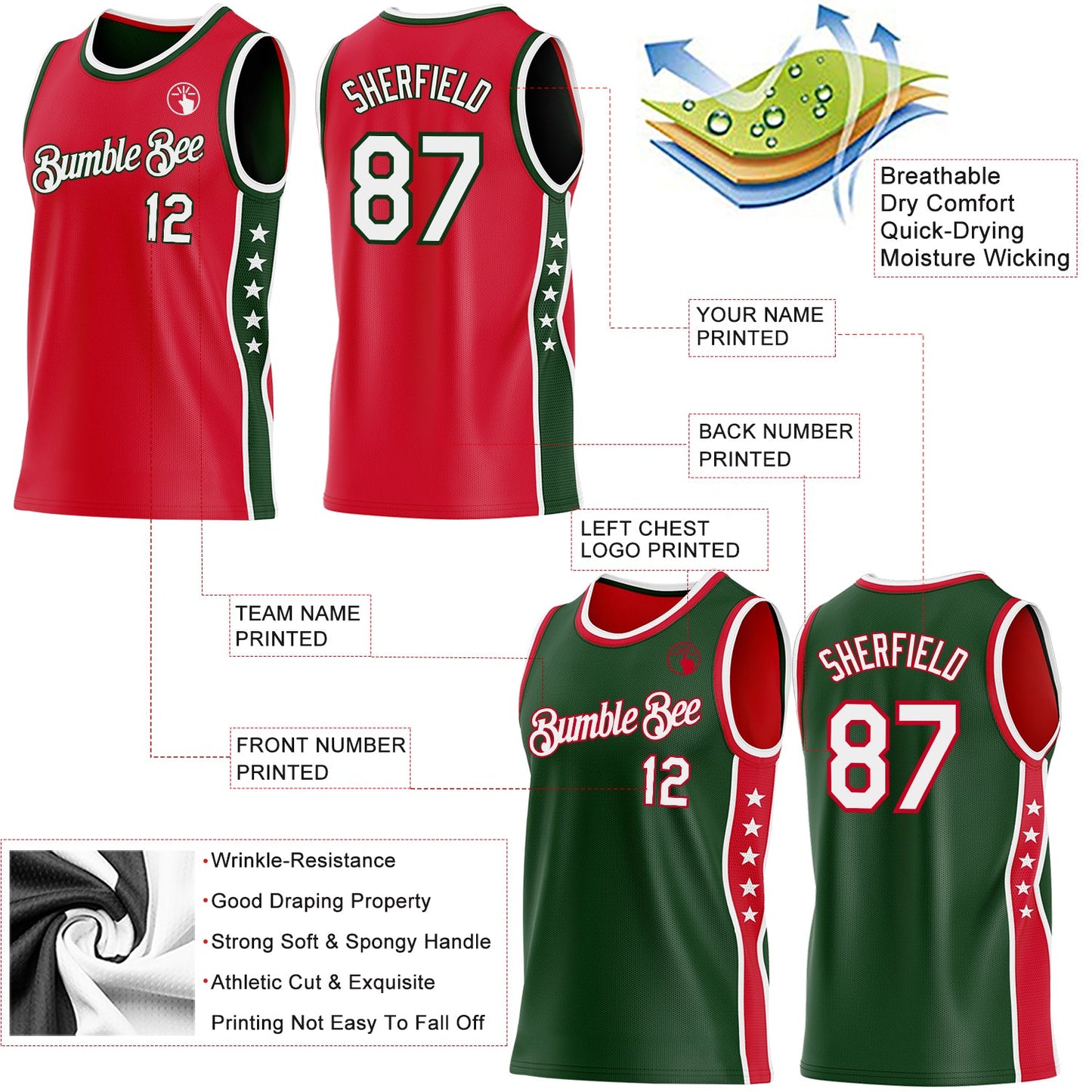 Custom Reversible Red White-Green Double Side Star Sublimation Basketball Set Jersey