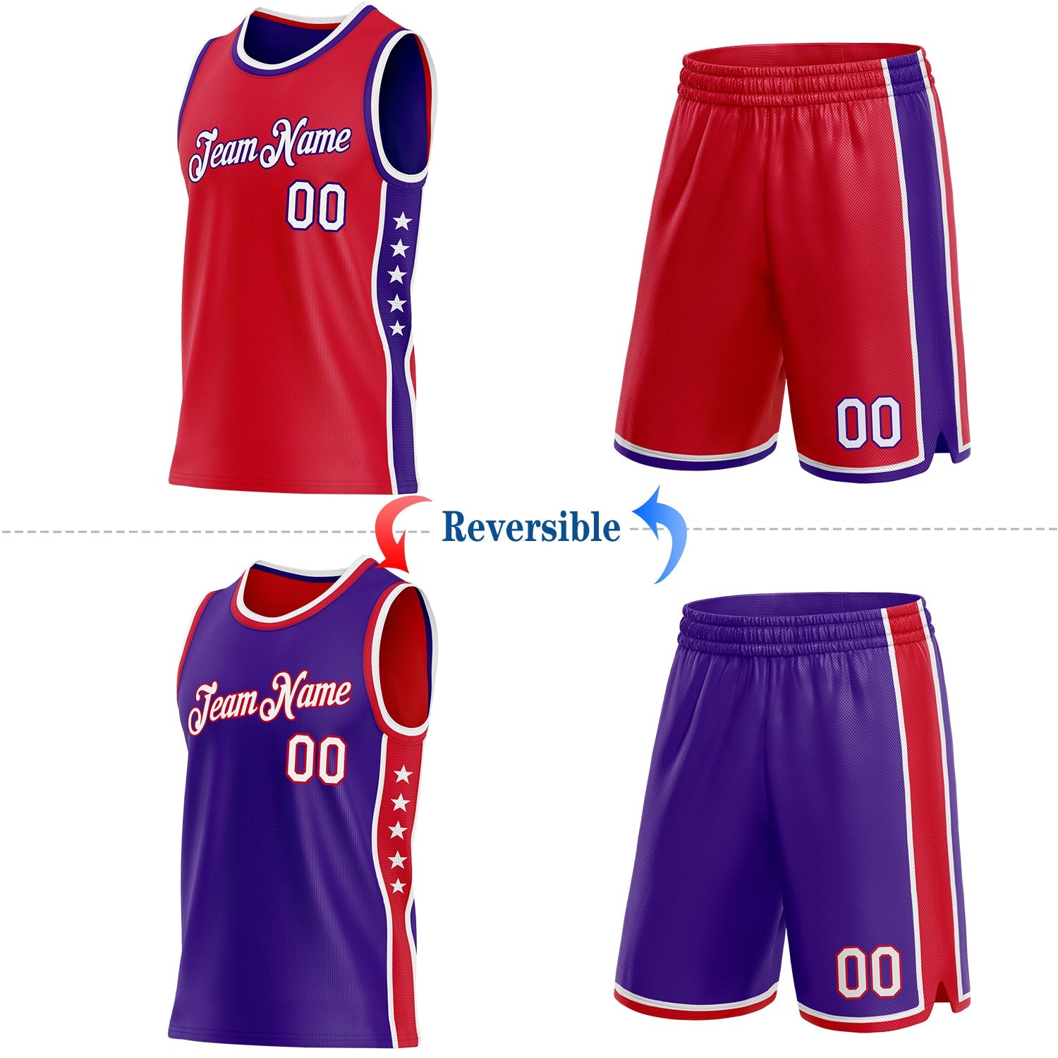 Custom Reversible Red White-Purple Double Side Star Sublimation Basketball Set Jersey