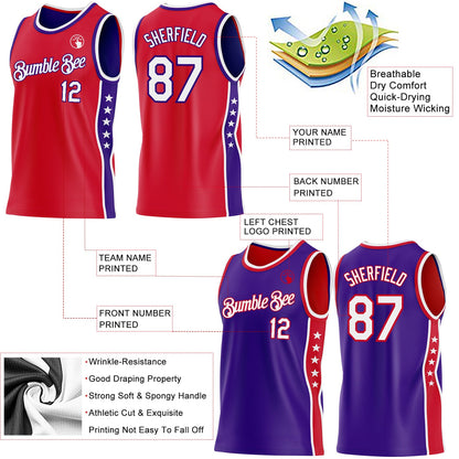 Custom Reversible Red White-Purple Double Side Star Sublimation Basketball Set Jersey