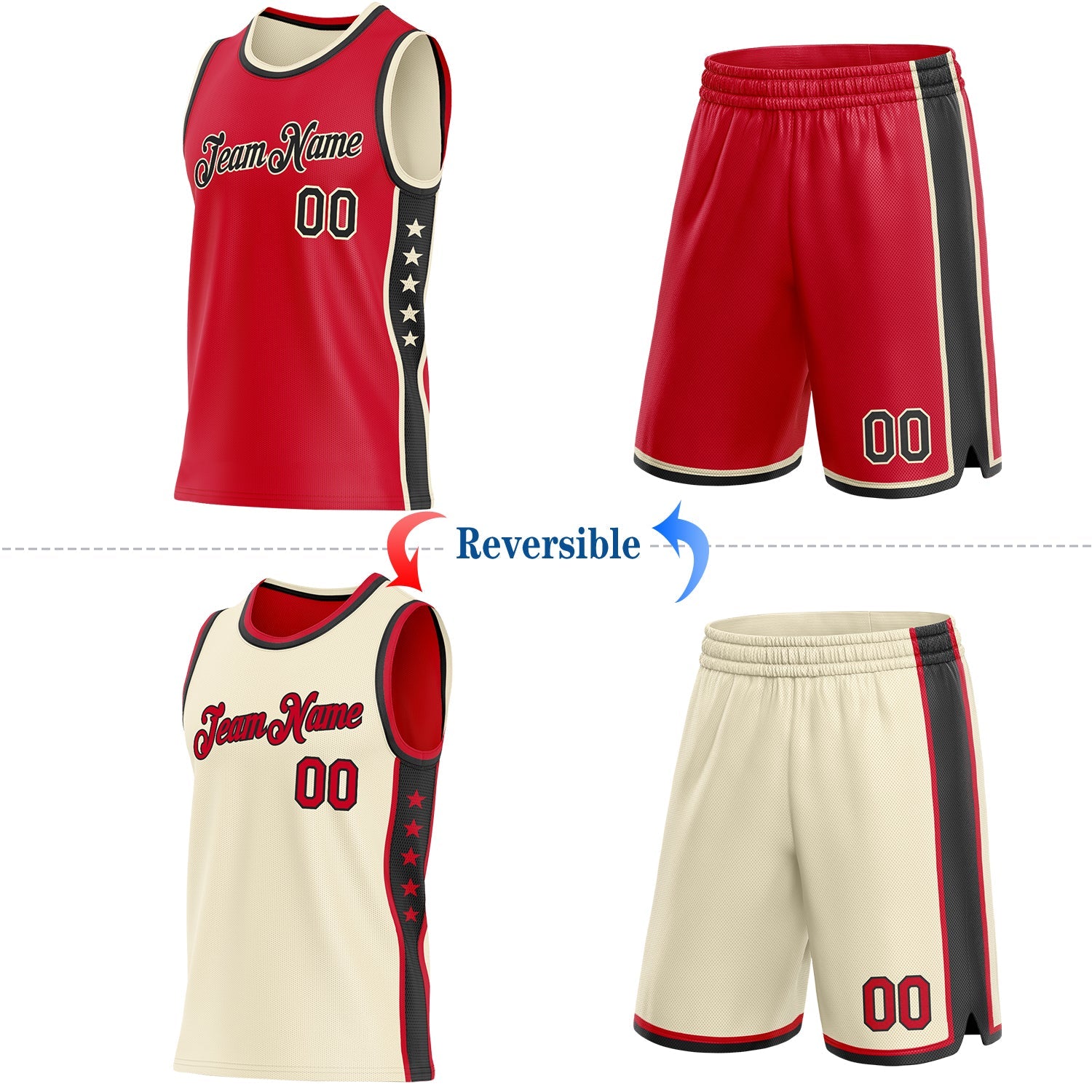 Custom Reversible Red Black-Cream Double Side Star Sublimation Basketball Set Jersey