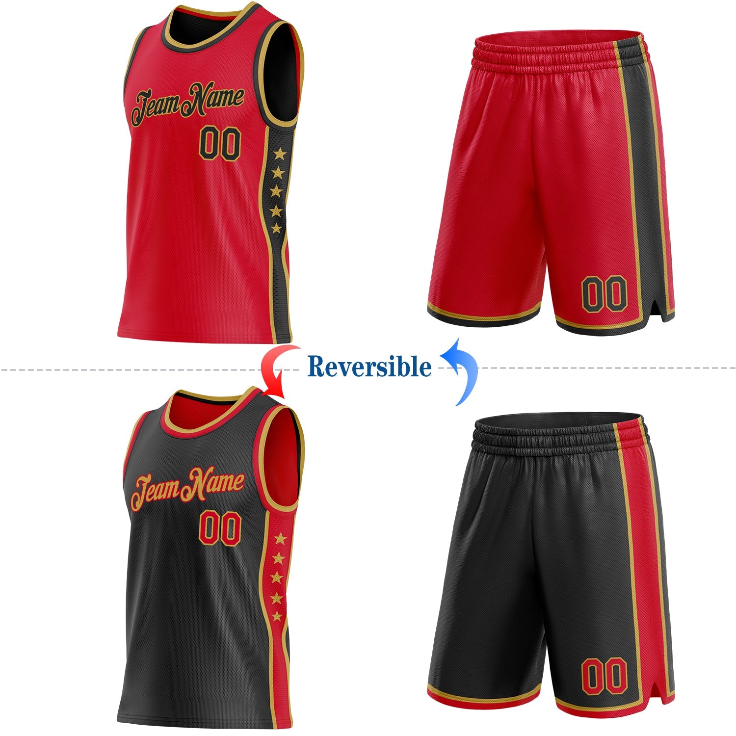 Custom Reversible Red Black-Old Gold Double Side Star Sublimation Basketball Set Jersey