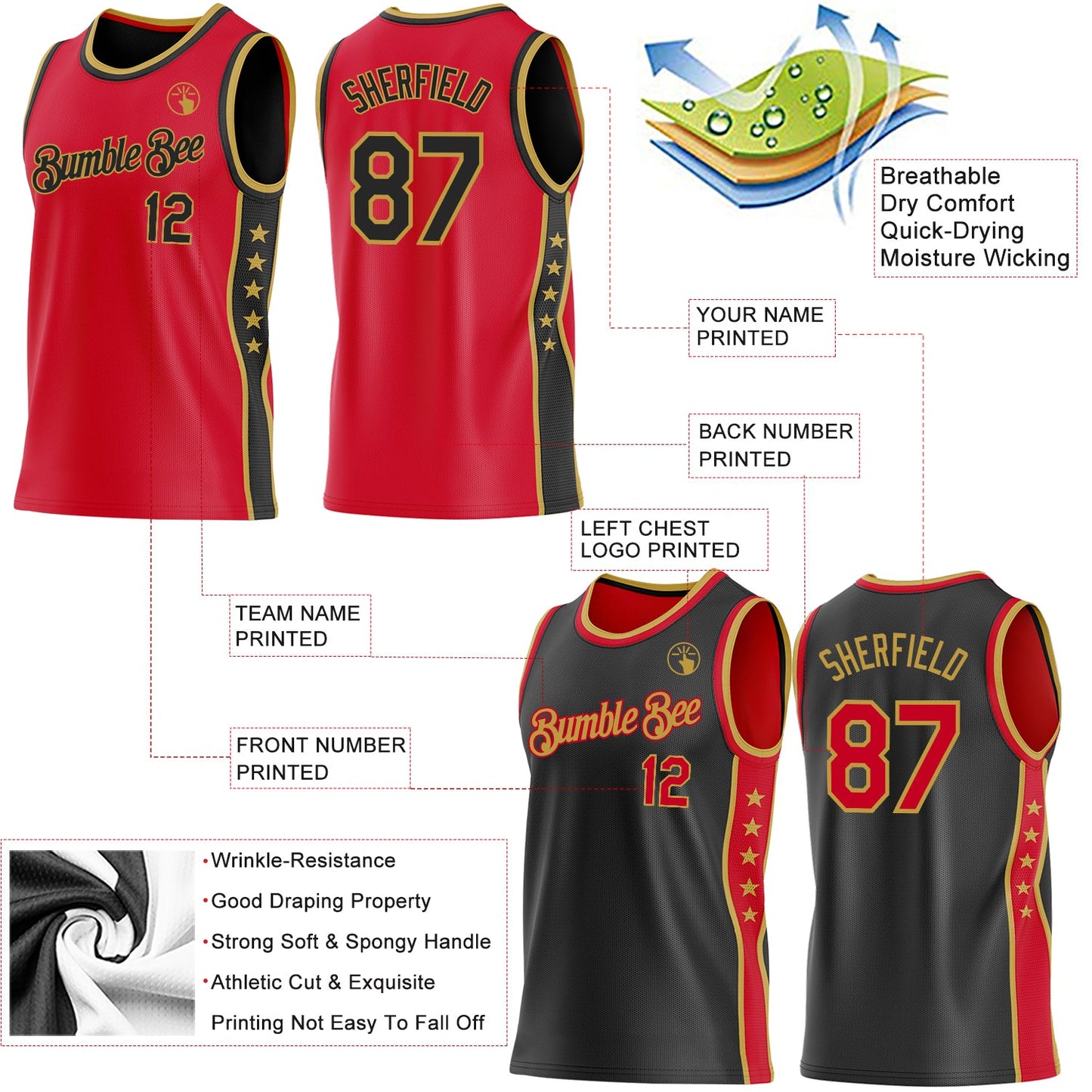 Custom Reversible Red Black-Old Gold Double Side Star Sublimation Basketball Set Jersey