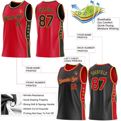 Custom Reversible Red Black-Old Gold Double Side Star Sublimation Basketball Set Jersey