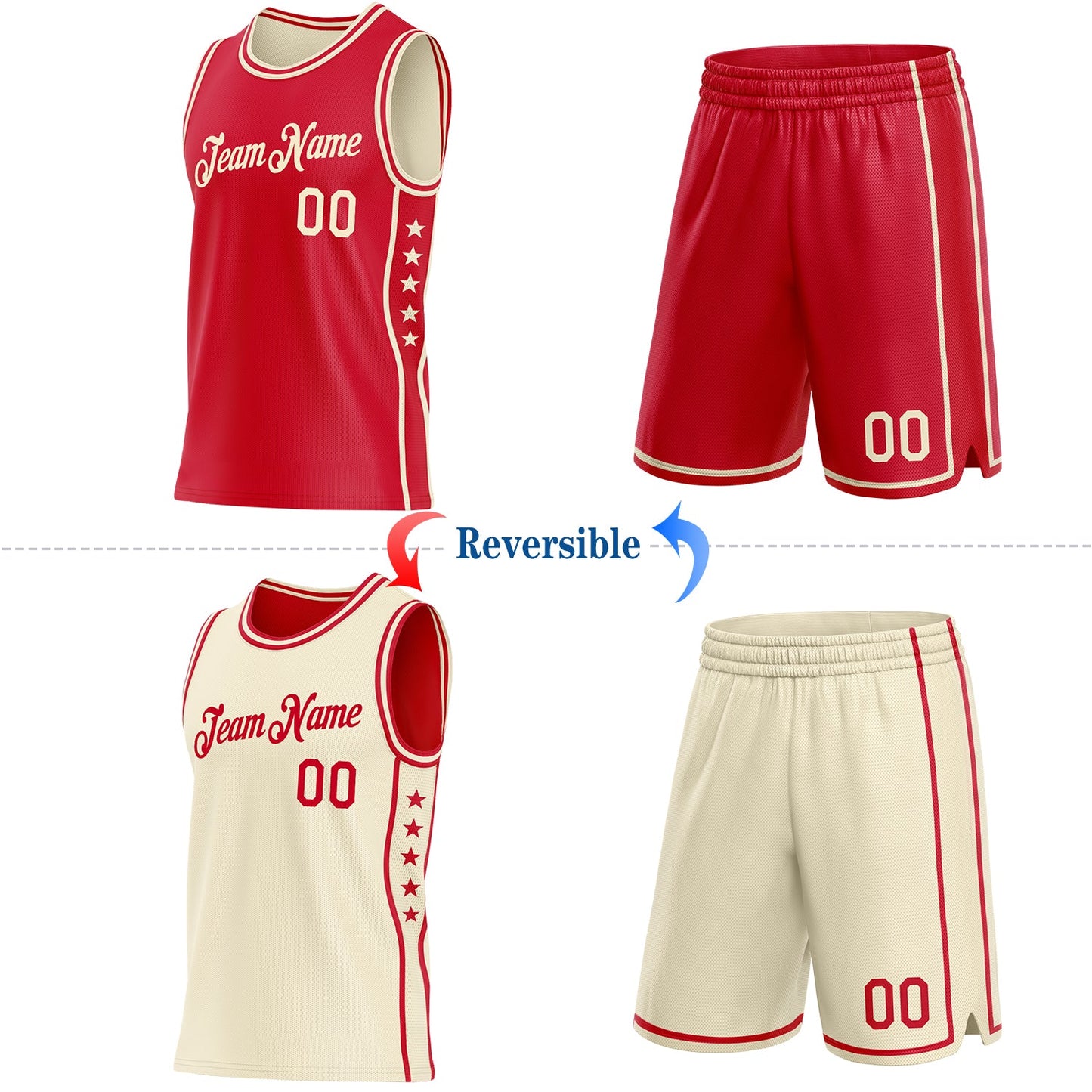 Custom Reversible Red Cream Double Side Star Sublimation Basketball Set Jersey
