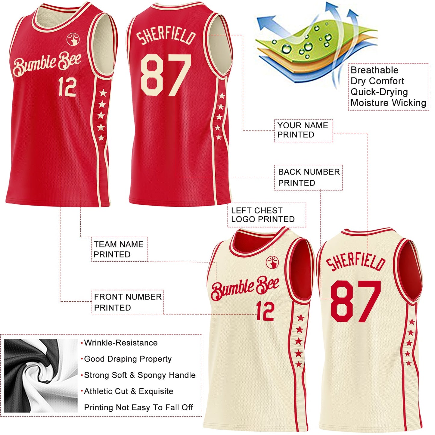 Custom Reversible Red Cream Double Side Star Sublimation Basketball Set Jersey