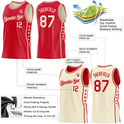 Custom Reversible Red Cream Double Side Star Sublimation Basketball Set Jersey