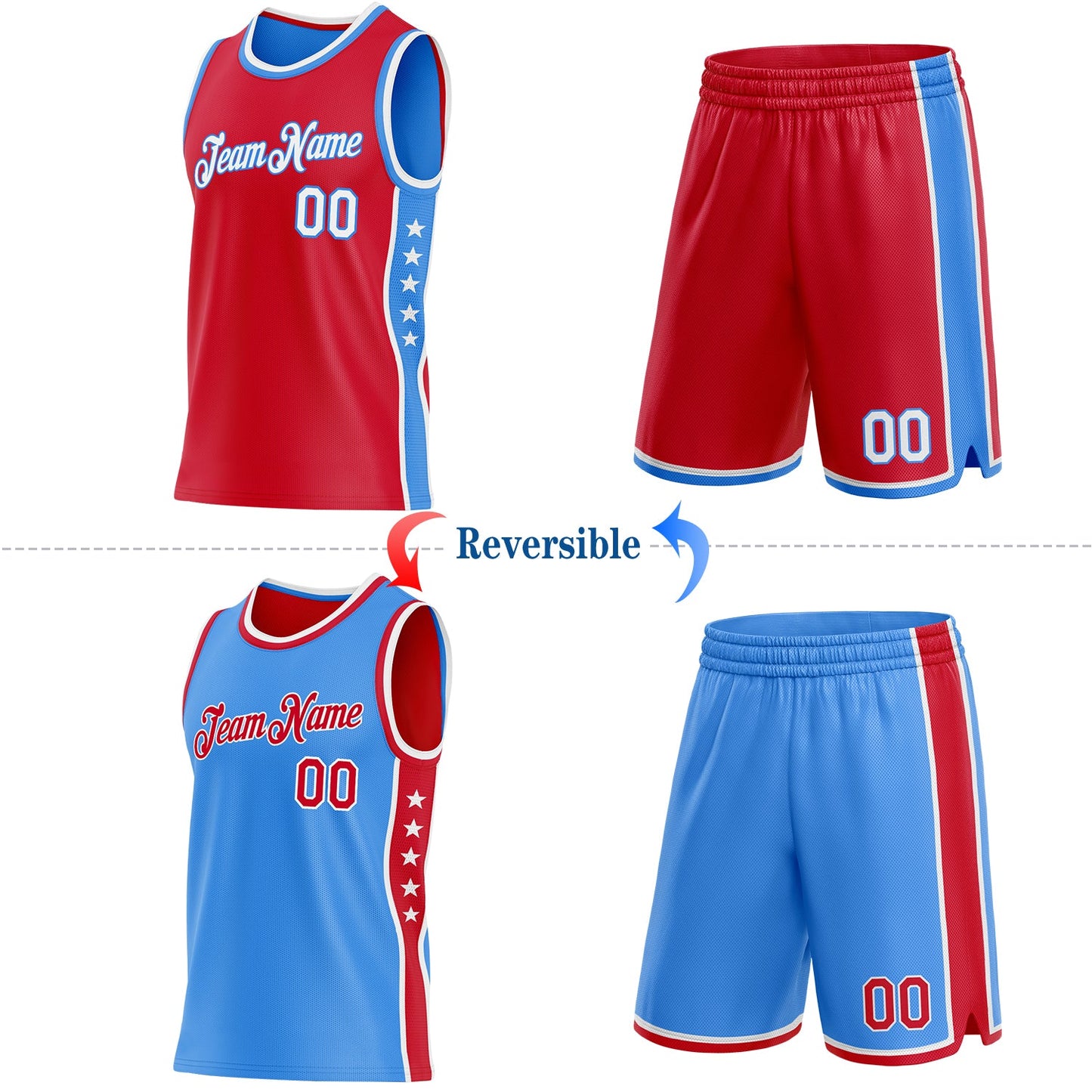 Custom Reversible Red White-Powder Blue Double Side Star Sublimation Basketball Set Jersey