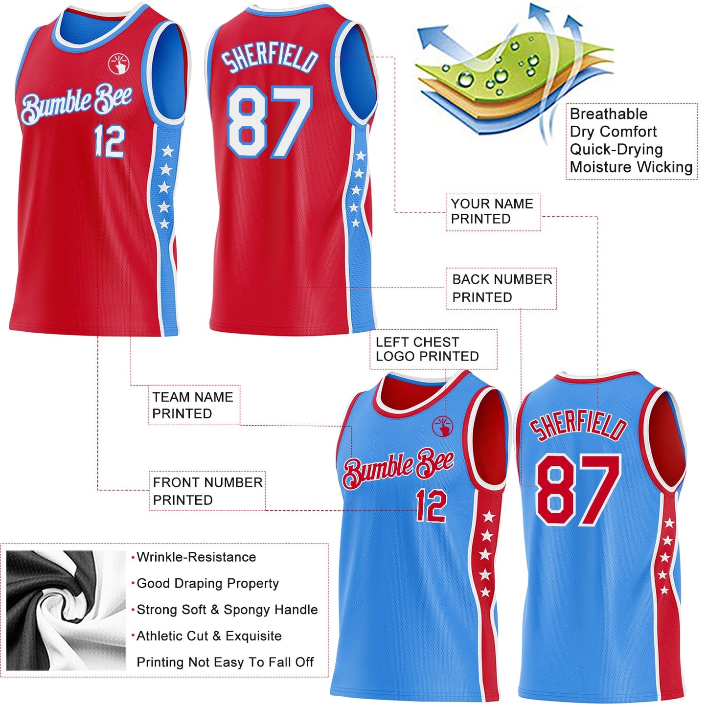 Custom Reversible Red White-Powder Blue Double Side Star Sublimation Basketball Set Jersey