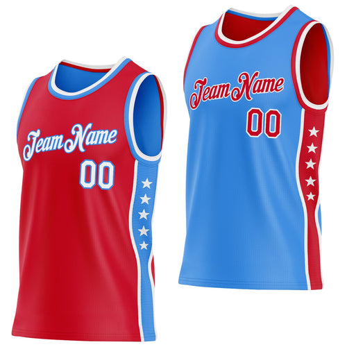 Custom Reversible Red White-Powder Blue Double Side Star Sublimation Basketball Set Jersey