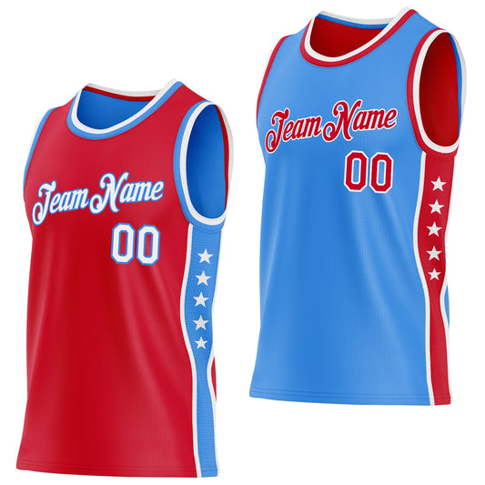 Custom Reversible Red White-Powder Blue Double Side Star Sublimation Basketball Set Jersey
