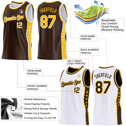 Custom Reversible Brown Gold-White Double Side Star Sublimation Basketball Set Jersey