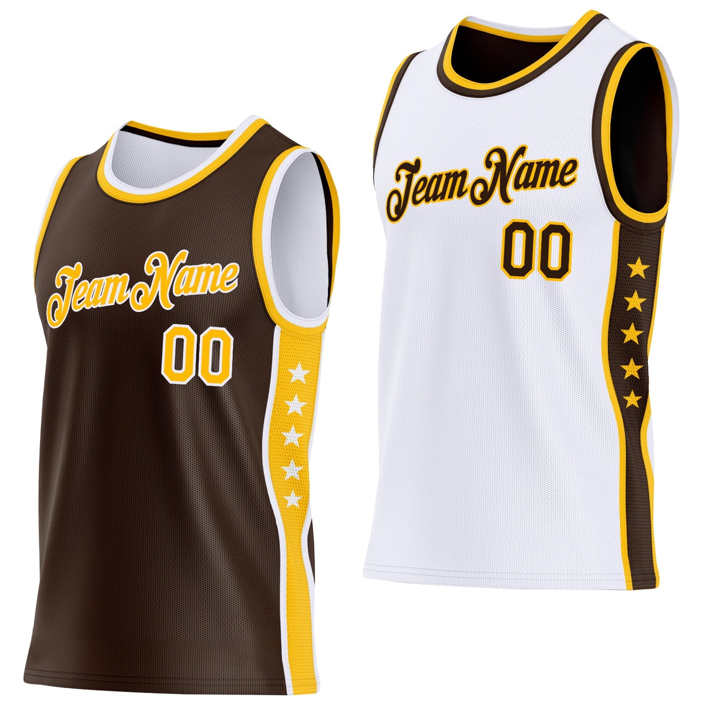 Custom Reversible Brown Gold-White Double Side Star Sublimation Basketball Set Jersey