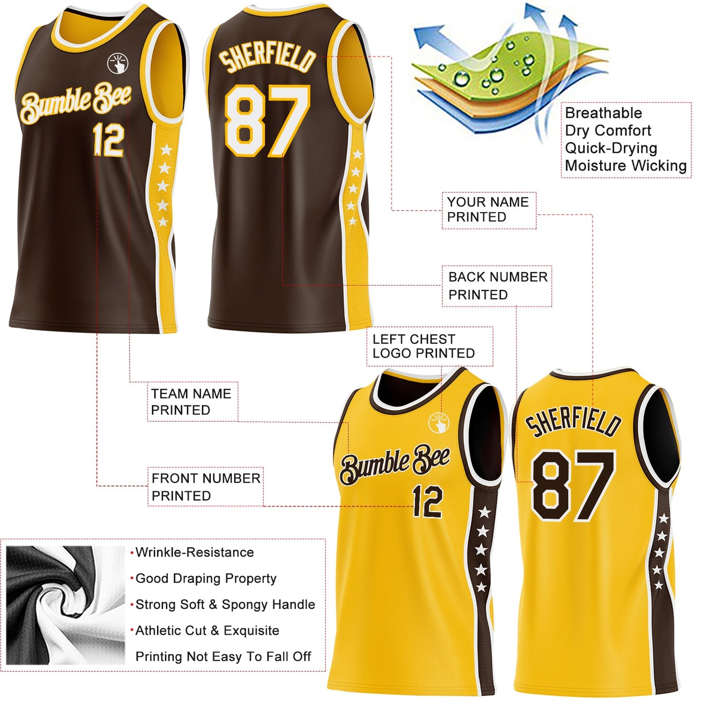 Custom Reversible Brown White-Gold Double Side Star Sublimation Basketball Set Jersey