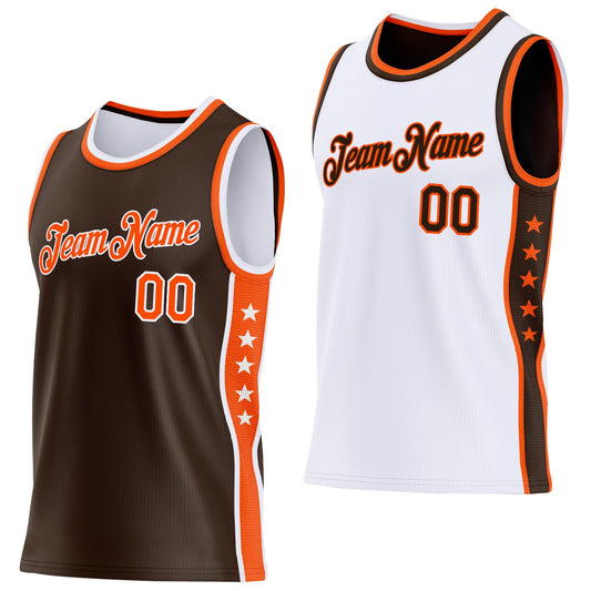 Custom Reversible Brown Orange-White Double Side Star Sublimation Basketball Set Jersey