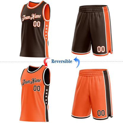 Custom Reversible Brown White-Orange Double Side Star Sublimation Basketball Set Jersey